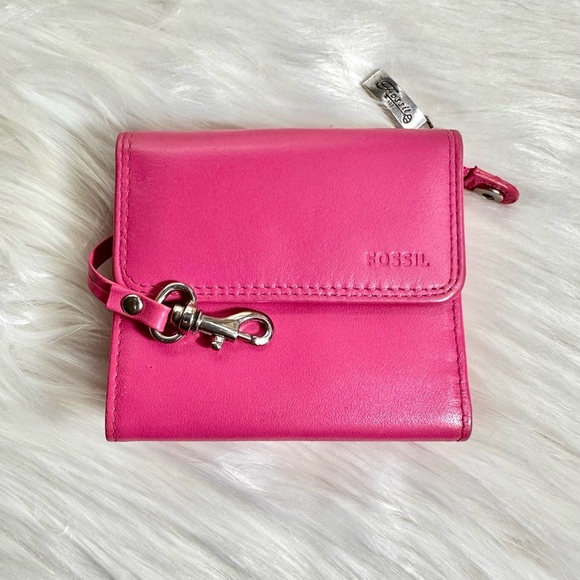 FOSSIL Genuine Leather Mini Bifold Silver Snap Wallet in Fuchsia - Vintage; EUC - Picture 8 of 8